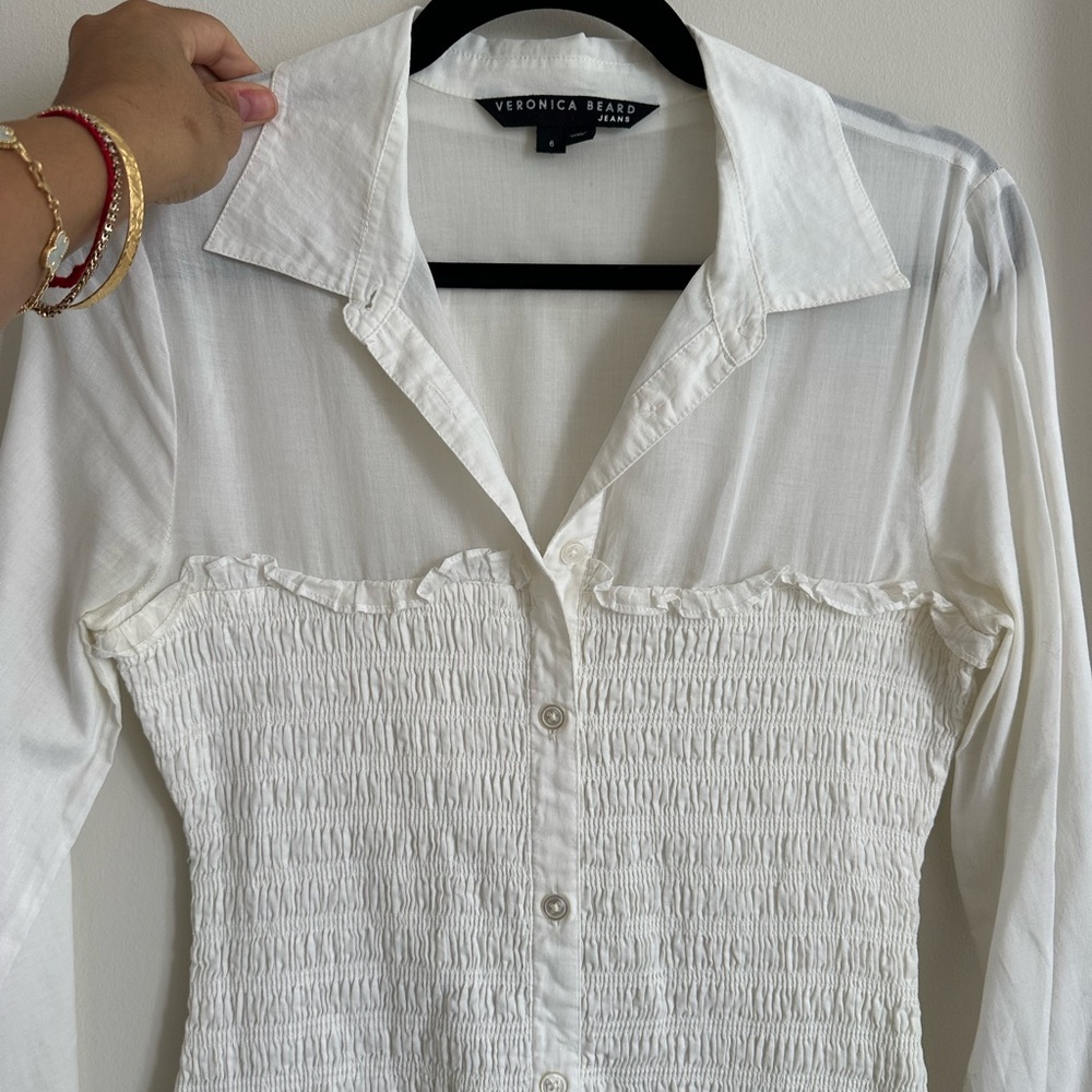 Veronica Beard White Smocked Long Sleeve Button Down